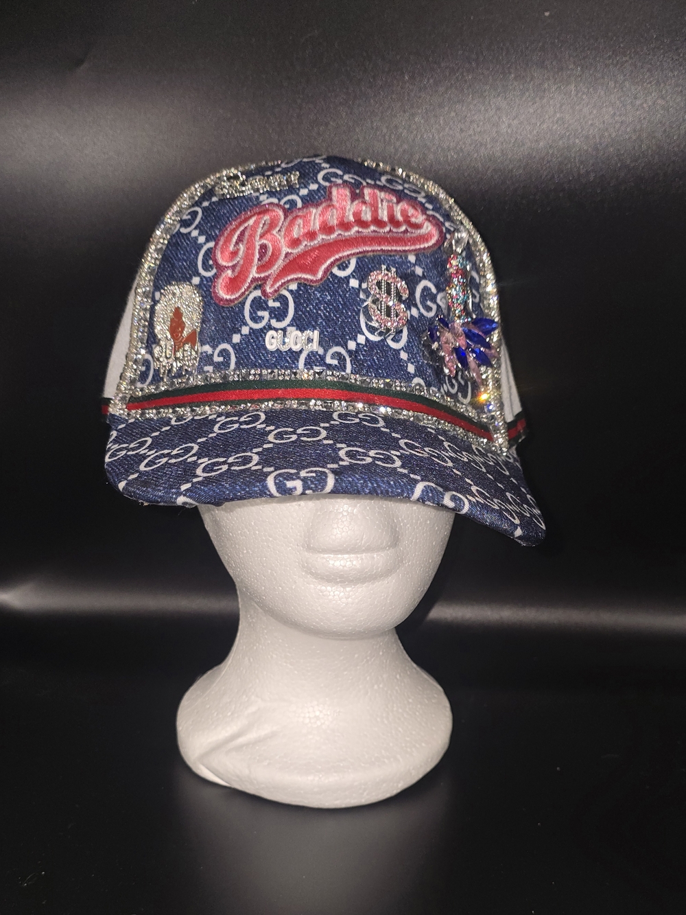 Blue Denim 'Baddie' Embellished Logo Cap